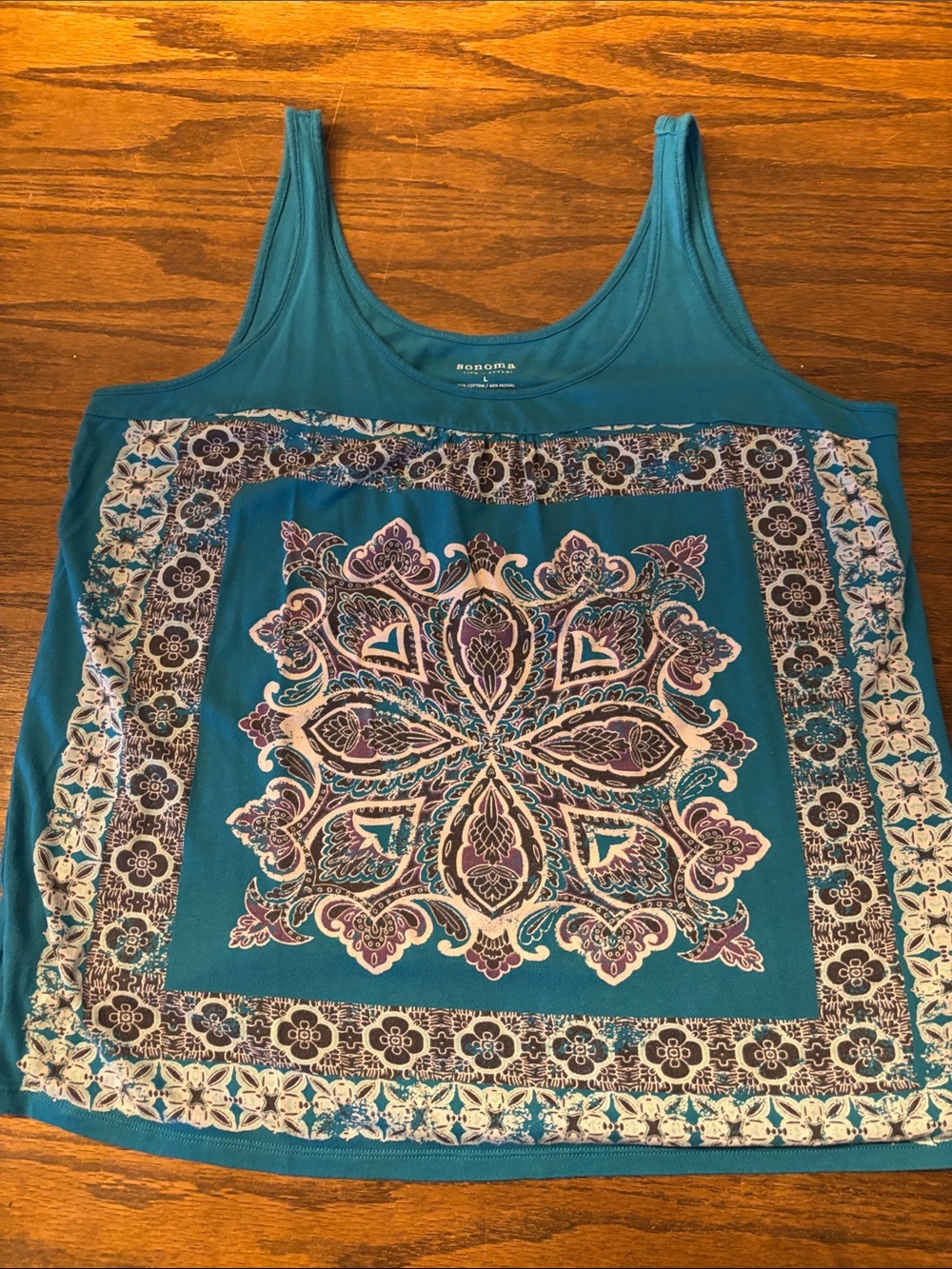 Sonoma Teal Paisley Medallion Tank Top with Purple Accents